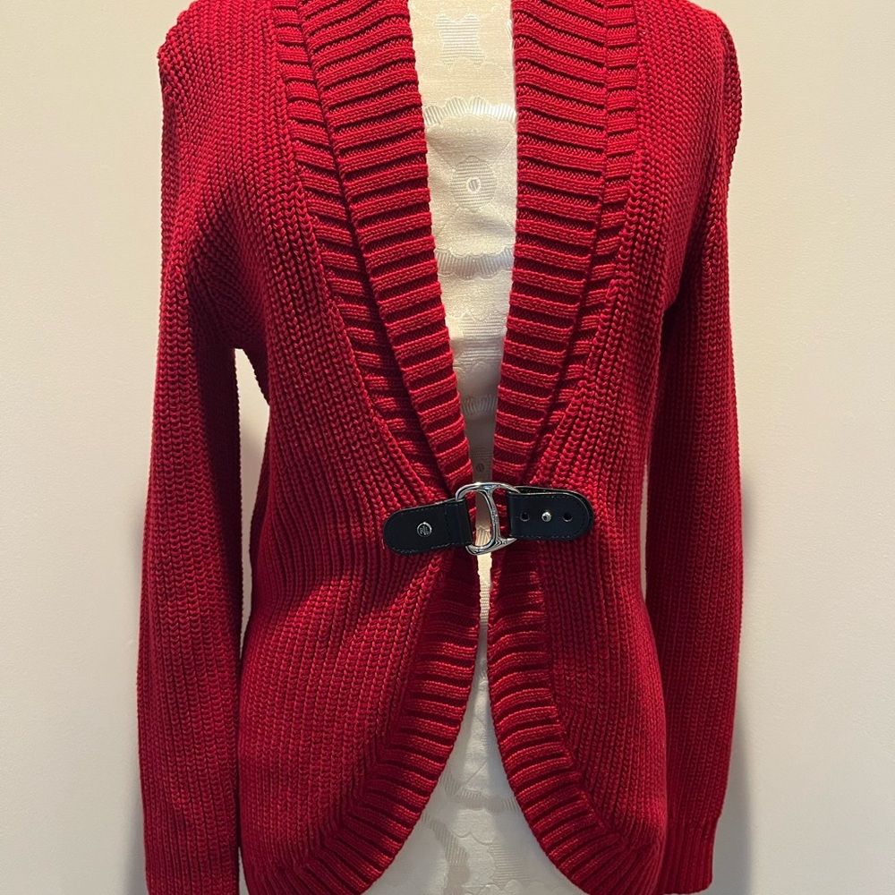 Red Decorative Leather Buckle Closure Sweater